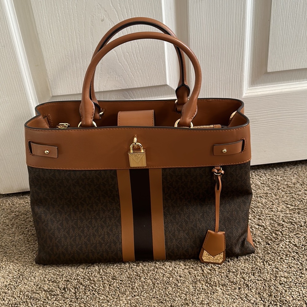 MICHAEL Michael Kors Brown and Tan Logo Tote with Striped Detail
